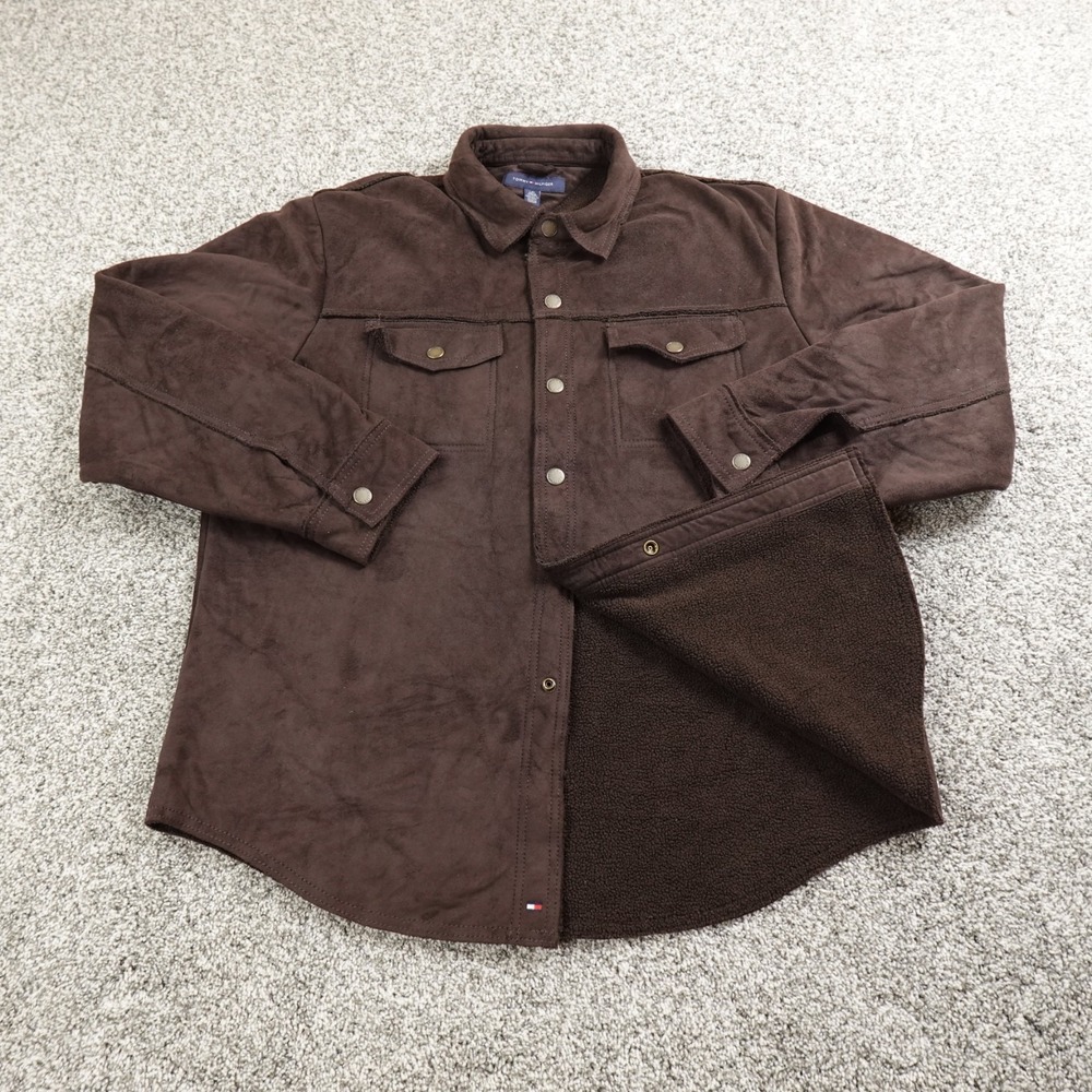 Tommy Hilfiger Jacket Mens L Brown Faux Suede Sherpa Fleece Lined Snap Coat Y2K